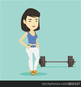 Asian woman measuring waistline with a tape. Woman measuring with tape the waistline. Happy woman with centimeter on a waistline standing near a barbell. Vector flat design illustration. Square layout. Woman measuring waist vector illustration.