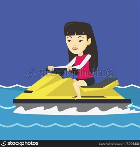 Asian woman on jet ski in the sea at summer day. Young woman on a water scooter. Woman riding on a water scooter. Excited woman training on a jet ski. Vector flat design illustration. Square layout.. Asian woman training on jet ski in the sea.