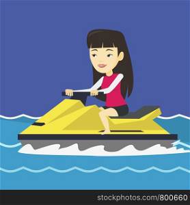 Asian woman on jet ski in the sea at summer day. Young woman on a water scooter. Woman riding on a water scooter. Excited woman training on a jet ski. Vector flat design illustration. Square layout.. Asian woman training on jet ski in the sea.