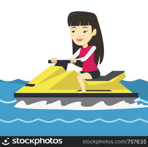 Asian woman on water scooter in the sea at summer sunny day. Young sportswoman sitting on water scooter. Woman training on water scooter. Vector flat design illustration isolated on white background.. Asian woman training on jet ski in the sea.