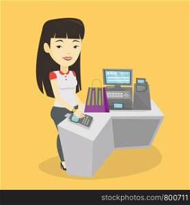 Asian woman paying wireless with her smart watch at the checkout counter. Customer making payment for purchase with smart watch. Woman doing shopping. Vector flat design illustration. Square layout.. Woman paying wireless with smart watch.