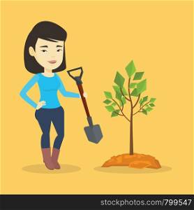 Asian woman plants a small tree. Cheerful woman standing with shovel near newly planted tree. Young woman gardening. Concept of environmental protection. Vector flat design illustration. Square layout. Woman plants tree vector illustration.