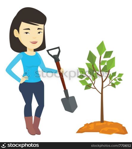 Asian woman plants a tree. Woman standing with shovel near newly planted tree. Young woman gardening. Environmental protection concept. Vector flat design illustration isolated on white background.. Woman plants tree vector illustration.