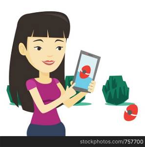 Asian woman playing action game on smartphone. Woman playing with mobile phone outdoor. Woman using smartphone for playing action game. Vector flat design illustration isolated on white background.. Woman playing action game on smartphone.