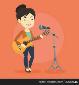 Asian woman playing guitar. Guitar player singing song and playing an acoustic guitar. Singer singing into a microphone and playing acoustic guitar. Vector flat design illustration. Square layout.. Woman singing in microphone and playing guitar.