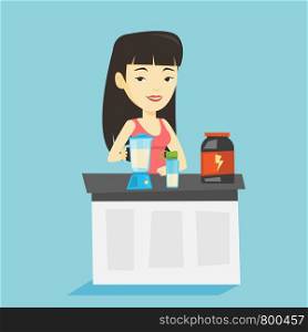 Asian woman preparing protein cocktail of bodybuilding food supplements. Sportswoman making protein shake using blender. Woman cooking protein cocktail. Vector flat design illustration. Square layout.. Young woman making protein cocktail.