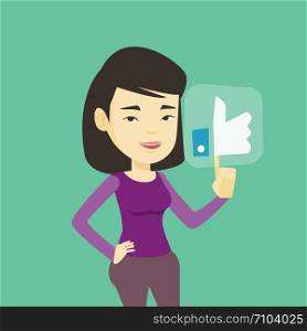 Asian woman pressing modern social button with thumb up. Young happy woman pressing like button. Smiling woman pressing social network like button. Vector flat design illustration. Square layout.. Woman pressing like button vector illustration.