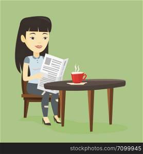 Asian woman reading newspaper in a cafe. Young woman reading the news in newspaper. Woman sitting with newspaper in hands and drinking coffee. Vector flat design illustration. Square layout.. Woman reading newspaper and drinking coffee.
