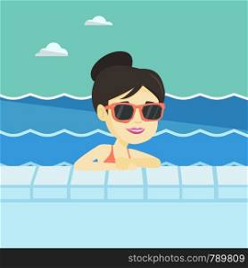 Asian woman relaxing in swimming pool at resort. Young woman bathing in swimming pool. Cheerful woman swimming and relaxing in pool on summer vacation. Vector flat design illustration. Square layout.. Smiling young man in swimming pool.