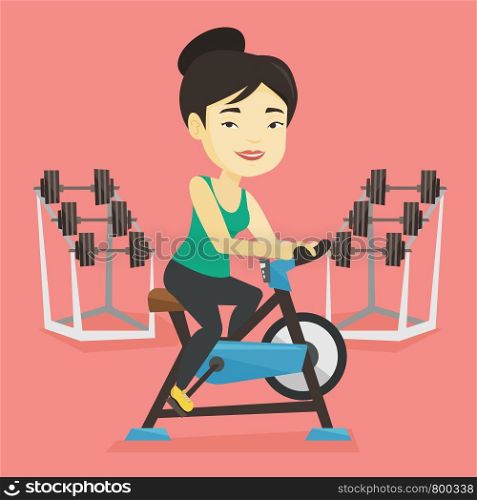 Asian woman riding stationary bicycle in the gym. Woman exercising on stationary training bicycle. Young smiling woman training on exercise bicycle. Vector flat design illustration. Square layout.. Young woman riding stationary bicycle.