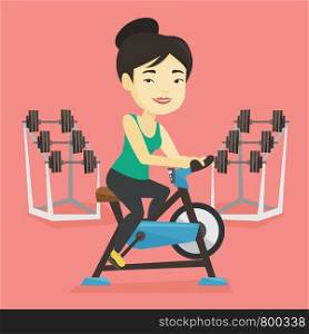 Asian woman riding stationary bicycle in the gym. Woman exercising on stationary training bicycle. Young smiling woman training on exercise bicycle. Vector flat design illustration. Square layout.. Young woman riding stationary bicycle.