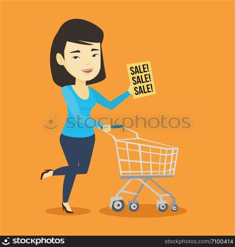 Asian woman running on big sale. Woman holding paper sheet with sale text. Woman with empty shopping trolley running in hurry to the store on sale. Vector flat design illustration. Square layout.. Woman running in hurry to the store on sale.