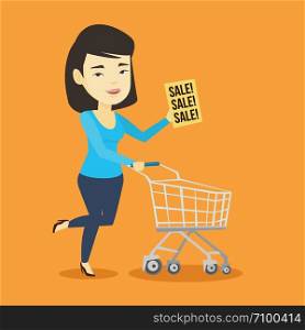 Asian woman running on big sale. Woman holding paper sheet with sale text. Woman with empty shopping trolley running in hurry to the store on sale. Vector flat design illustration. Square layout.. Woman running in hurry to the store on sale.