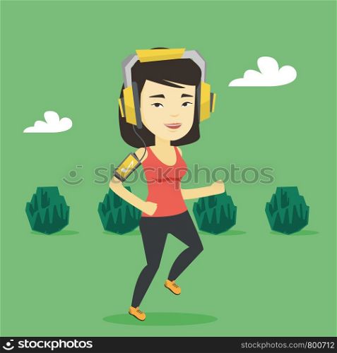 Asian woman running with earphones and armband for smartphone. Young woman using armband for smartphone to listen to music while running in the park. Vector flat design illustration. Square layout.. Woman running with earphones and smartphone.