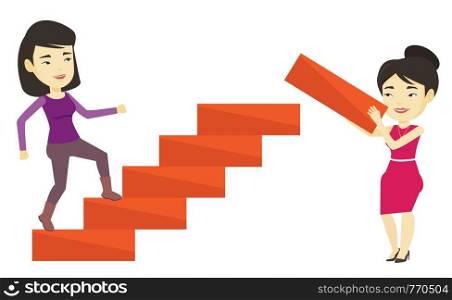 Asian woman runs up the career ladder while another woman builds this ladder. Woman climbing the career ladder. Business career concept. Vector flat design illustration isolated on white background.. Business woman runs up the career ladder.