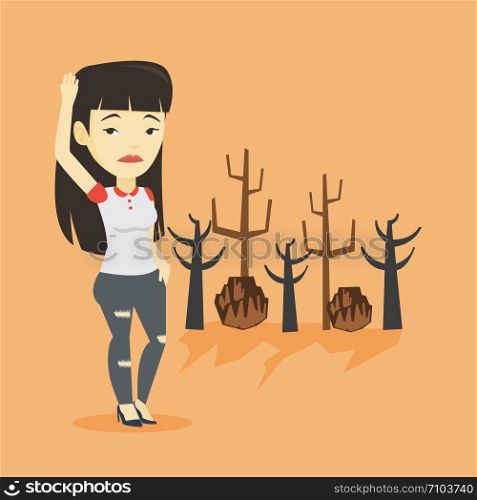 Asian woman scratching head on the background of dead forest. Dead forest caused by global warming or wildfire. Concept of environmental destruction. Vector flat design illustration. Square layout.. Forest destroyed by fire or global warming.