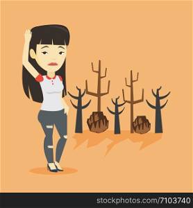 Asian woman scratching head on the background of dead forest. Dead forest caused by global warming or wildfire. Concept of environmental destruction. Vector flat design illustration. Square layout.. Forest destroyed by fire or global warming.