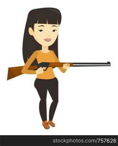 Asian woman shooting skeet with shotgun. Hunter ready to hunt with hunting rifle. Woman aiming with hunter gun. Hunter holding long rifle. Vector flat design illustration isolated on white background.. Hunter ready to hunt with hunting rifle.