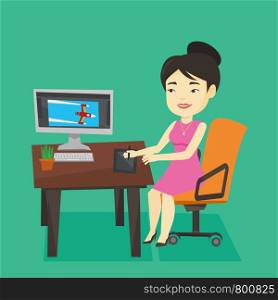 Asian woman sitting at desk and drawing on graphics tablet. Graphic designer using digital graphics tablet, computer and pen. Graphic designer at work. Vector flat design illustration. Square layout.. Designer using digital graphics tablet.