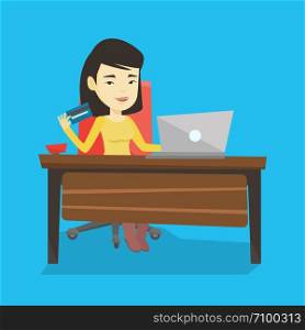 Asian woman sitting at the table with laptop and holding credit card in hand. Woman using laptop for online shopping. Woman shopping online at home. Vector flat design illustration. Square layout.. Woman shopping online vector illustration.
