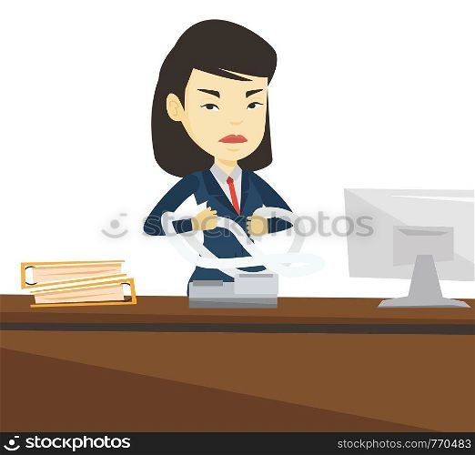 Asian woman sitting in office and tearing furiously bills. Angry businesswoman calculating bills. Angry businesswoman tearing invoices. Vector flat design illustration isolated on white background.. Angry business woman tearing bills or invoices.
