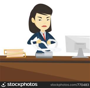 Asian woman sitting in office and tearing furiously bills. Angry businesswoman calculating bills. Angry businesswoman tearing invoices. Vector flat design illustration isolated on white background.. Angry business woman tearing bills or invoices.