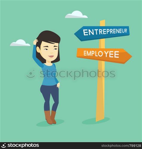 Asian woman standing at road sign with two career pathways - entrepreneur and employee. Woman choosing career way. Woman making a decision of her career. Vector flat design illustration. Square layout. Confused woman choosing career pathway.