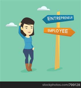 Asian woman standing at road sign with two career pathways - entrepreneur and employee. Woman choosing career way. Woman making a decision of her career. Vector flat design illustration. Square layout. Confused woman choosing career pathway.