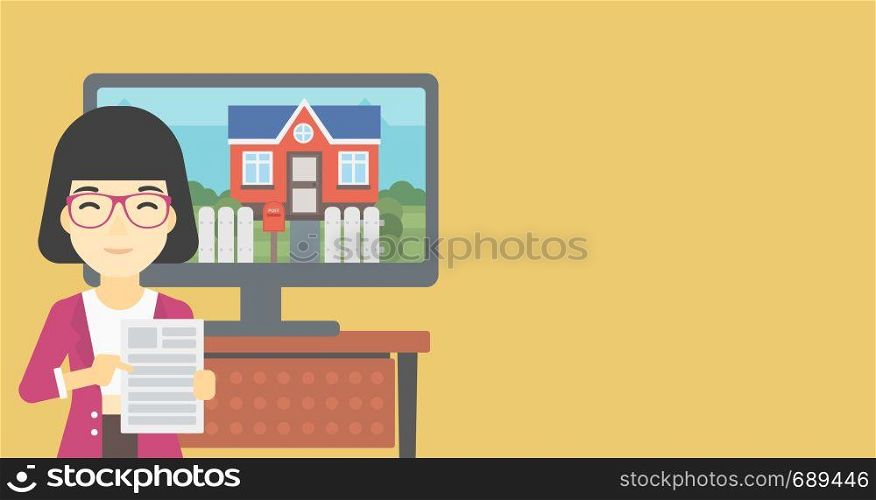 Asian woman standing in front of tv screen with house photo on it and pointing at real estate contract. Concept of signing of real estate contract. Vector flat design illustration. Horizontal layout.. Real estate agent offering house.