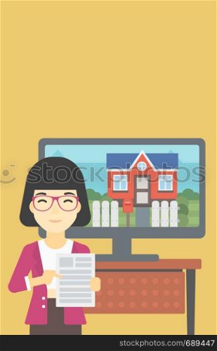 Asian woman standing in front of tv screen with house photo on it and pointing at a real estate contract. Concept of signing of real estate contract. Vector flat design illustration. Vertical layout.. Real estate agent offering house.
