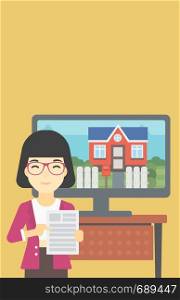 Asian woman standing in front of tv screen with house photo on it and pointing at a real estate contract. Concept of signing of real estate contract. Vector flat design illustration. Vertical layout.. Real estate agent offering house.