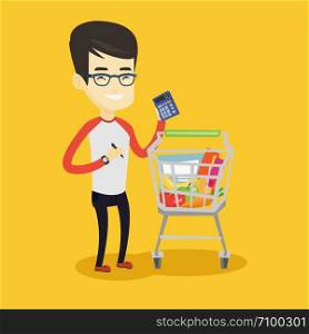 Asian woman standing near supermarket trolley with calculator in hand. Young woman checking prices on calculator. Customer counting on calculator. Vector flat design illustration. Square layout.. Asian customer counting on calculator.
