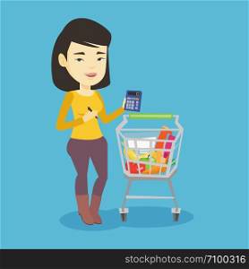 Asian woman standing near supermarket trolley with calculator in hand. Young woman checking prices on calculator. Customer counting on calculator. Vector flat design illustration. Square layout.. Female customer counting on calculator.