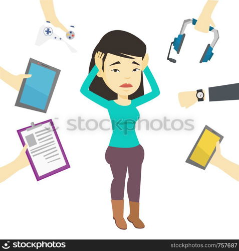 Asian woman surrounded with gadgets. Woman clutching head and many hands with gadgets around her. Woman using many electronic gadgets. Vector flat design illustration isolated on white background.. Young woman surrounded with her gadgets.