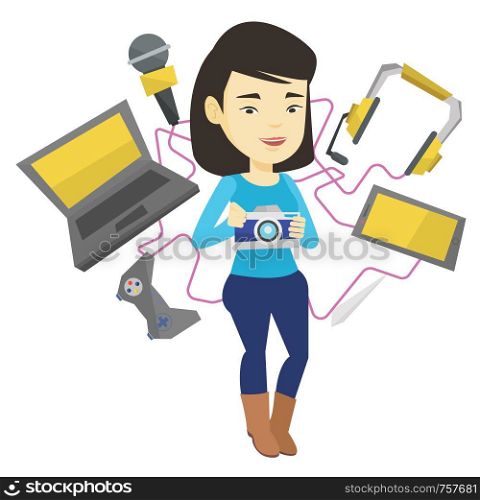 Asian woman taking photo with digital camera. Woman surrounded with gadgets. Woman using many electronic gadgets. Girl addicted to gadgets. Vector flat design illustration isolated on white background. Young woman surrounded with her gadgets.