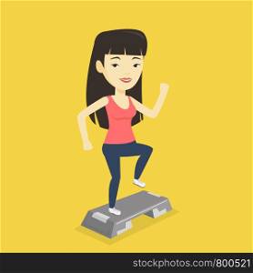 Asian woman training with stepper in the gym. Woman doing step exercises. Woman working out with stepper in the gym. Sportswoman standing on stepper. Vector flat design illustration. Square layout.. Woman exercising on stepper vector illustration.
