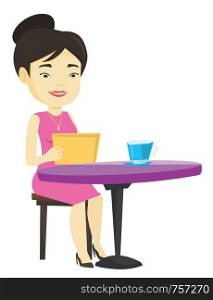 Asian woman using a tablet computer in a cafe. Young woman surfing in the social network. Woman rewriting in social network in a cafe. Vector flat design illustration isolated on white background.. Woman surfing in the social network in cafe.