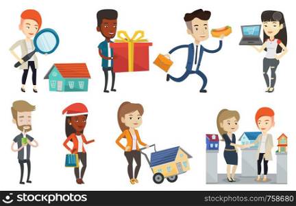 Asian woman using laptop for online shopping. Woman holding laptop with shopping trolley on a screen. Woman doing online shopping. Set of vector flat design illustrations isolated on white background.. Vector set of shopping people characters.