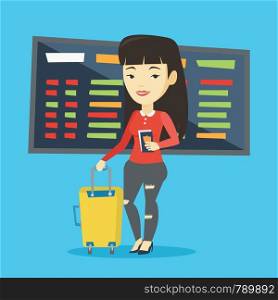 Asian woman waiting for a flight at the airport. Passenger holding passport and airplane ticket. Young woman with suitcase standing at the airport. Vector flat design illustration. Square layout.. Woman with suitcase and ticket at the airport.