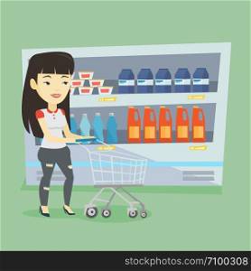 Asian woman walking with cart on aisle at supermarket. Young woman pushing an empty supermarket cart. Customer shopping at supermarket with cart. Vector flat design illustration. Square layout.. Customer with shopping cart vector illustration.