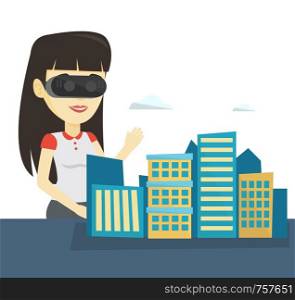 Asian woman wearing vr headset and getting into vr world. Woman vr reality glasses for development of the project of city architecture. Vector flat design illustration isolated on white background.. Happy young woman wearing virtual reality headset.