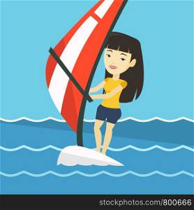 Asian woman windsurfing at summer day. Woman standing on the board with sail for surfing. Woman learning to windsurf. Windsurfer training on the water. Vector flat design illustration. Square layout.. Young woman windsurfing in the sea.
