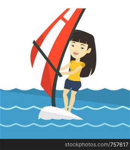 Asian woman windsurfing. Woman standing on the board with sail for surfing. Woman learning to windsurf. Windsurfer training on the water. Vector flat design illustration isolated on white background.. Young woman windsurfing in the sea.