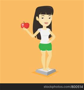 Asian woman with apple in hand weighing after diet. Woman satisfied with the result of her diet. Woman on a diet. Dieting and healthy lifestyle concept. Vector flat design illustration. Square layout.. Woman standing on scale and holding apple in hand.