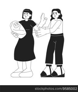 Asian woman with baby stop stranger monochromatic flat vector character. Do not touch newborn. Editable thin line full body person on white. Simple bw cartoon spot image for web graphic design. Asian woman with baby stop stranger monochromatic flat vector character