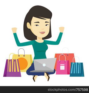 Asian woman with hands up using laptop for shopping online. Happy woman sitting with shopping bags around her. Woman doing online shopping. Vector flat design illustration isolated on white background. Woman shopping online vector illustration.