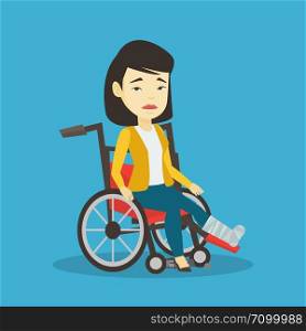 Asian woman with leg in plaster suffering from pain. Injured woman sitting in wheelchair with broken leg. Woman with fractured leg sitting in wheelchair. Vector flat design illustration. Square layout. Woman with broken leg sitting in wheelchair.