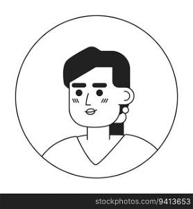 Asian woman with ponytail hairstyle monochrome flat linear character head. Happy lady in sweater. Editable outline hand drawn human face icon. 2D cartoon spot vector avatar illustration for animation. Asian woman with ponytail hairstyle monochrome flat linear character head