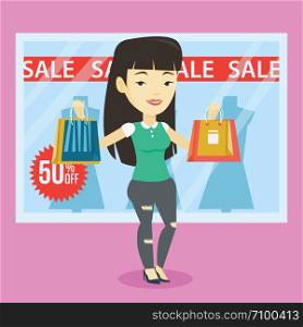 Asian woman with shopping bags standing in front of clothes shop with sale sign. Woman holding shopping bags in front of storefront with text sale. Vector flat design illustration. Square layout.. Woman shopping on sale vector illustration.