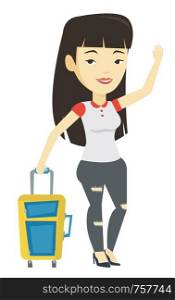 Asian woman with suitcase hitchhiking. Hitchhiking woman trying to stop a car on a highway. Young woman catching taxi car by waving hand. Vector flat design illustration isolated on white background.. Young woman hitchhiking vector illustration.